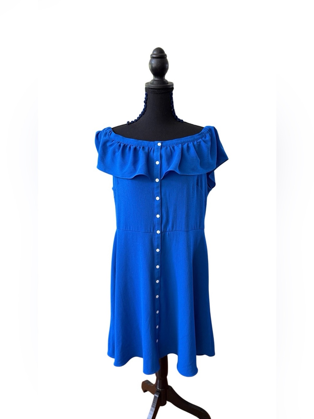 Roz & Ali Shoulder Ruffle Button-Front Royal Blue Dress Size 16